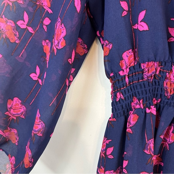 Rachel Roy | Navy Blue Pink Floral Bell Sleeve Cinched Waist Dress Size Medium - Picture 5 of 8